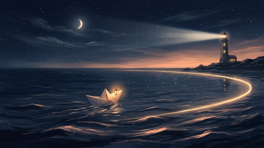 Ilustrasi perahu kertas berlampu menyusuri laut malam menuju cahaya mercusuar