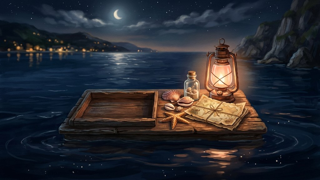 Ilustrasi rak kayu terapung di laut malam berisi kerang, botol, dan peta dengan cahaya lentera