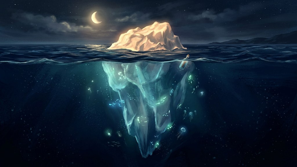 Ilustrasi gunung es malam hari dengan puncak kecil di atas permukaan laut dan massa besar bercahaya samar di bawah air
