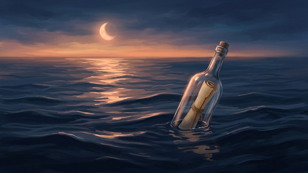 Ilustrasi botol berisi surat terapung di laut malam dengan riak cahaya bulan